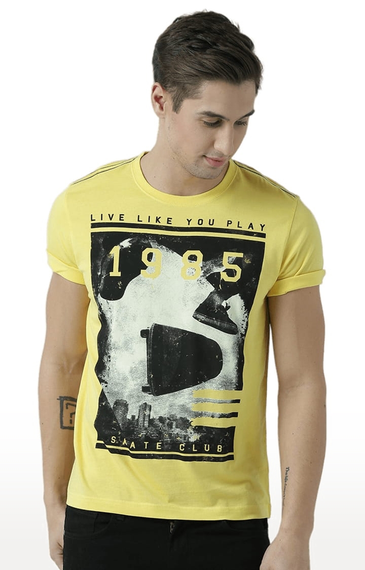 HUETRAP | Men's Yellow Cotton Printed Regular T-Shirt 0