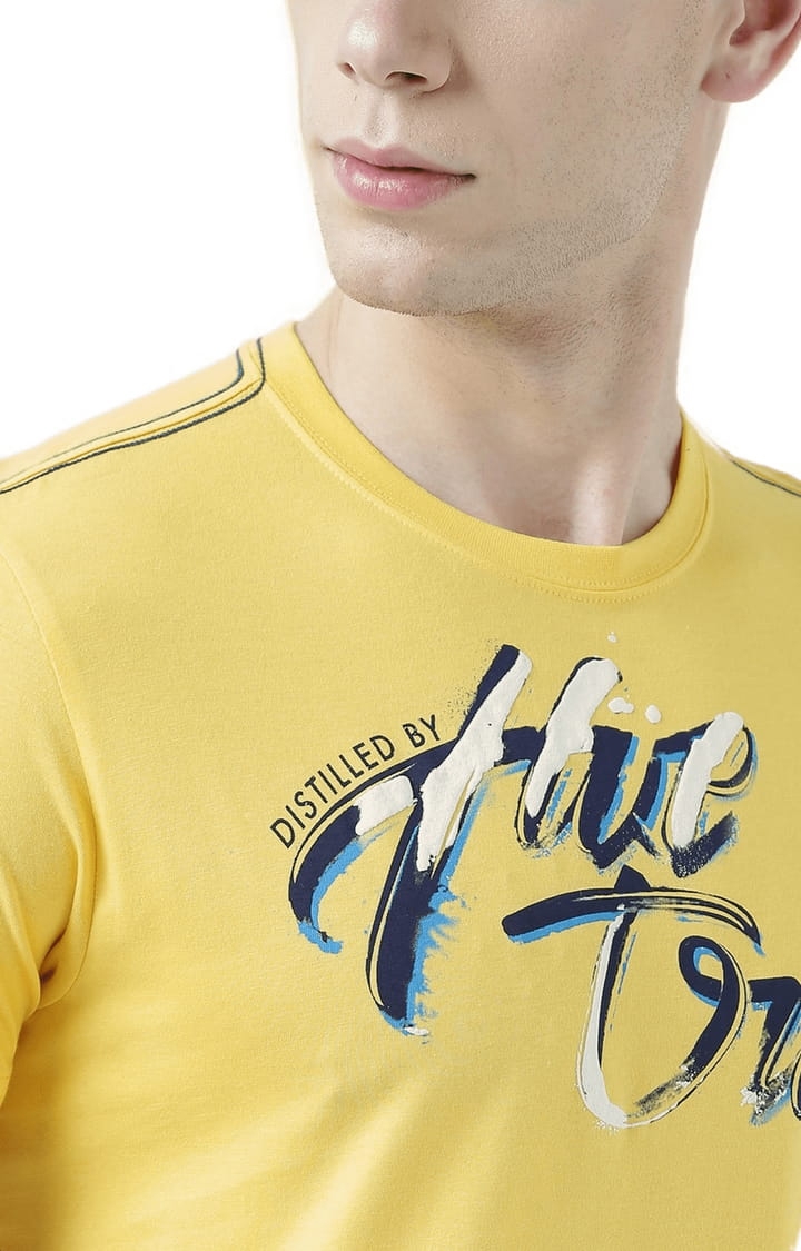 HUETRAP | Men's Yellow Cotton Typographic Printed Regular T-Shirt 4
