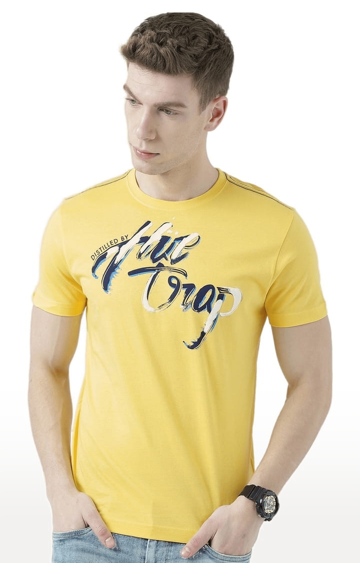 HUETRAP | Men's Yellow Cotton Typographic Printed Regular T-Shirt 0