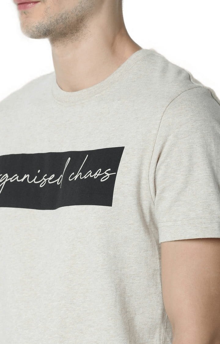 Men's Beige Typographic Regular T-Shirt