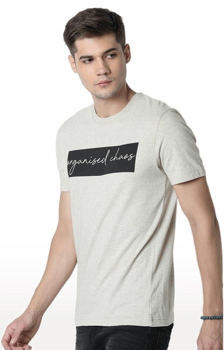 Men's Beige Typographic Regular T-Shirt