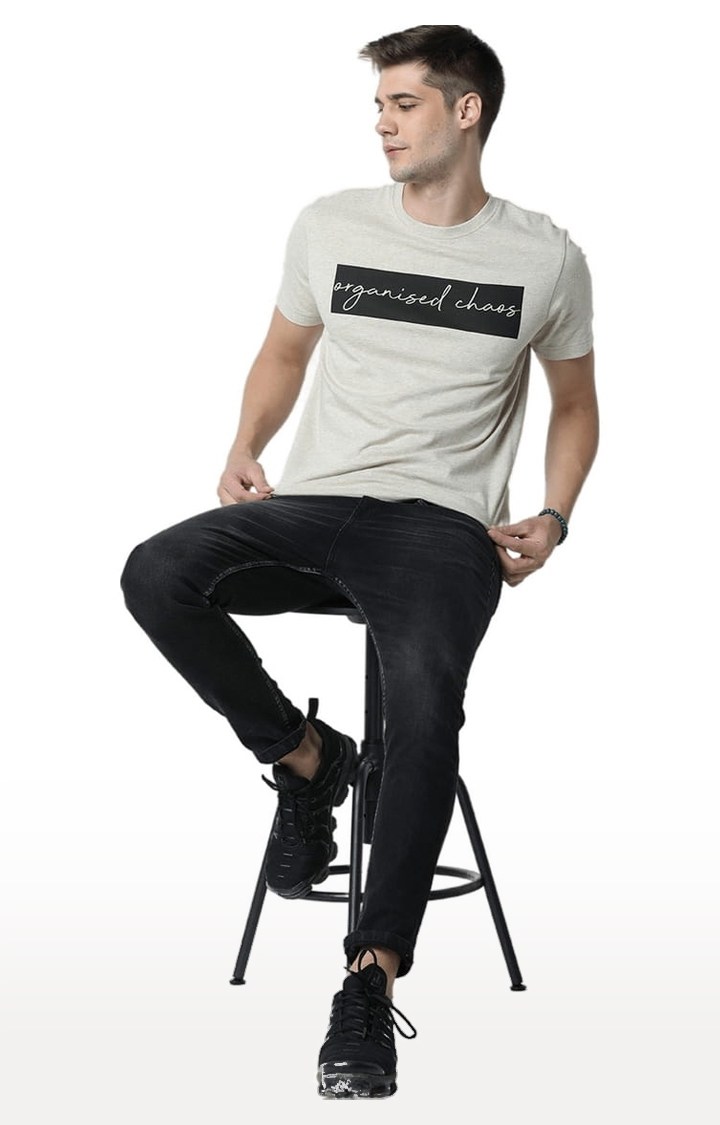 Men's Beige Typographic Regular T-Shirt