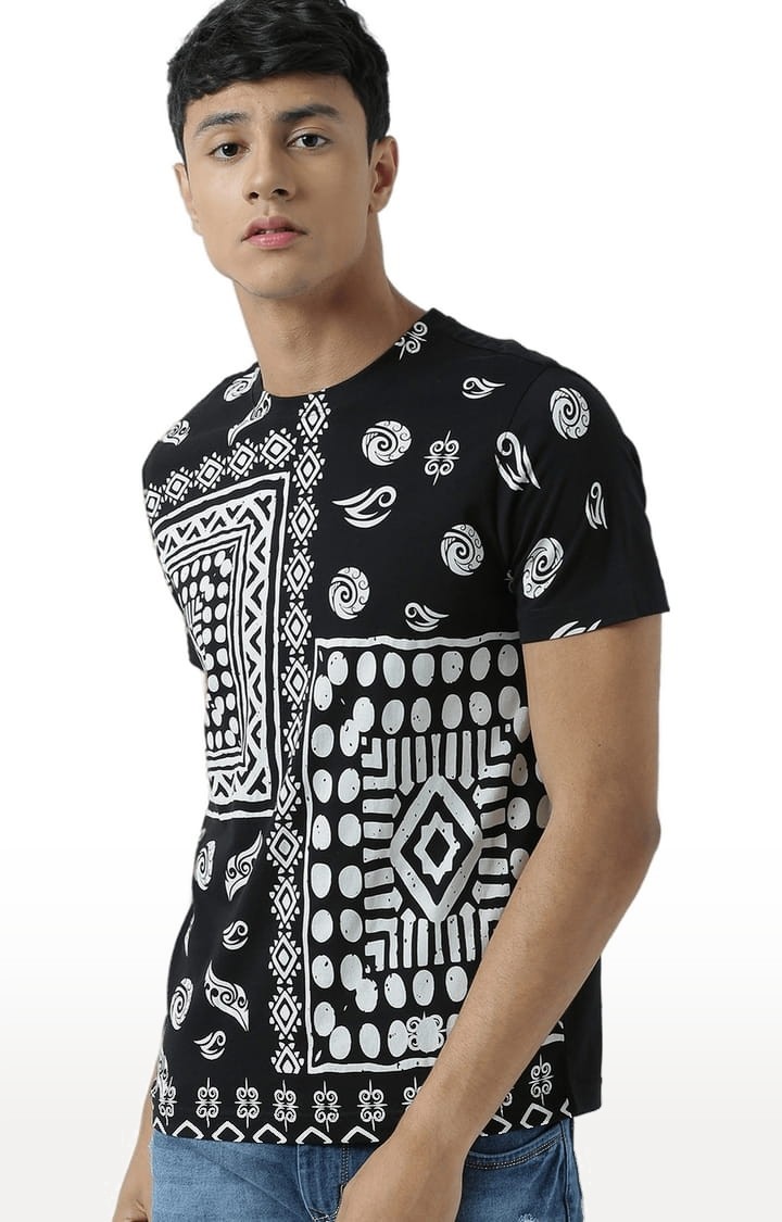 Men's Black & White Printed Regular T-Shirt