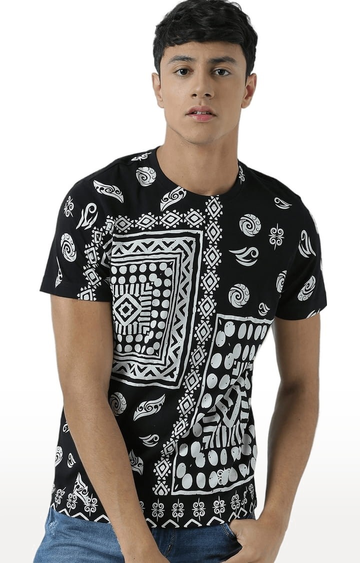 Men's Black & White Printed Regular T-Shirt