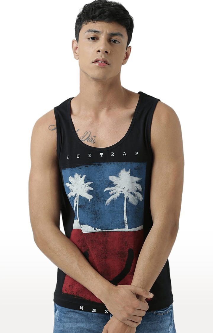 Men's Black Cotton Printed Vest