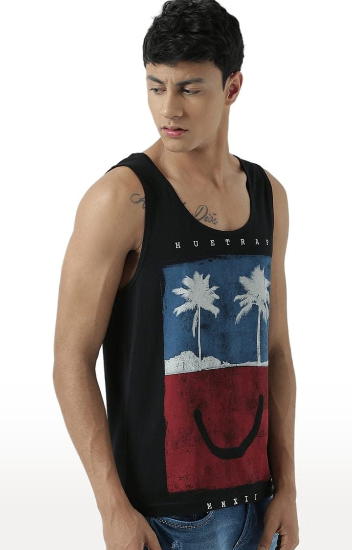 Men's Black Cotton Printed Vest