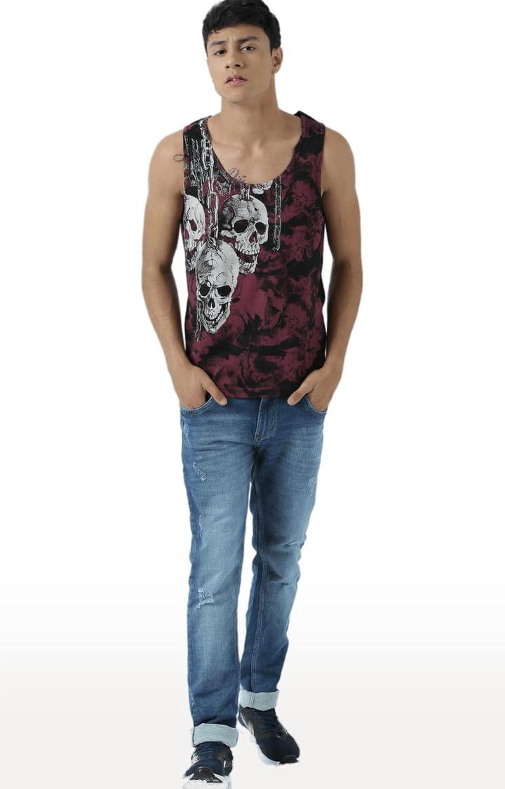 Men's Maroon & Black Cotton Printed Vest