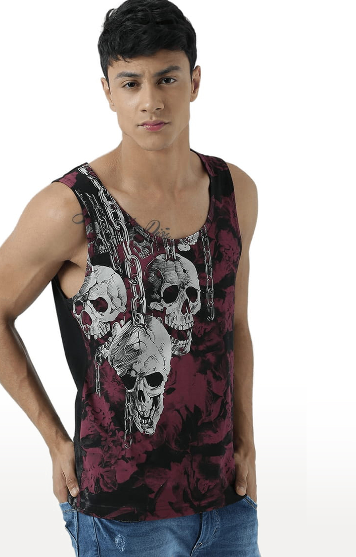Men's Maroon & Black Cotton Printed Vest