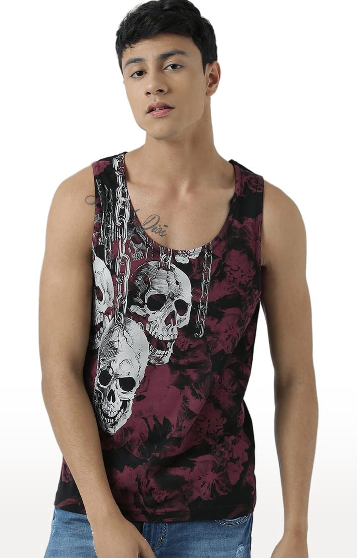 Men's Maroon & Black Cotton Printed Vest