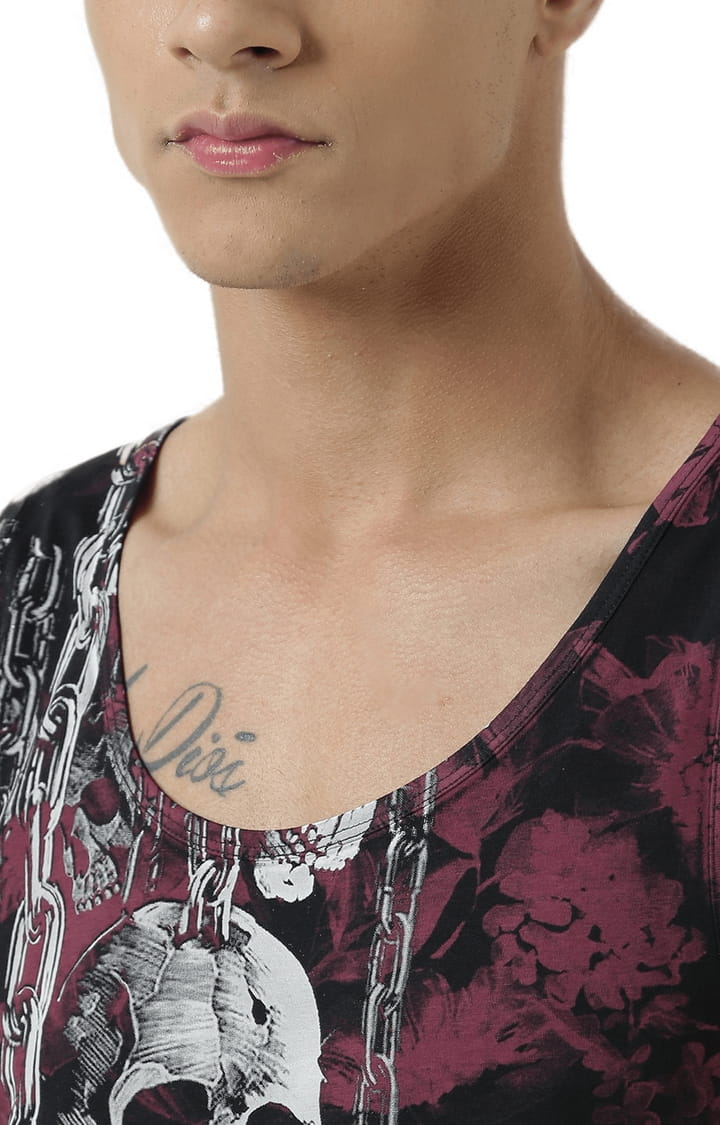 Men's Maroon & Black Cotton Printed Vest