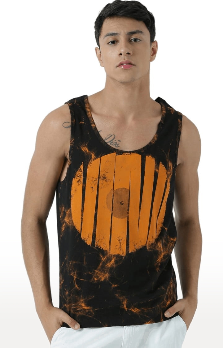 HUETRAP | Men's Black & Orange Cotton Printed Vest 0