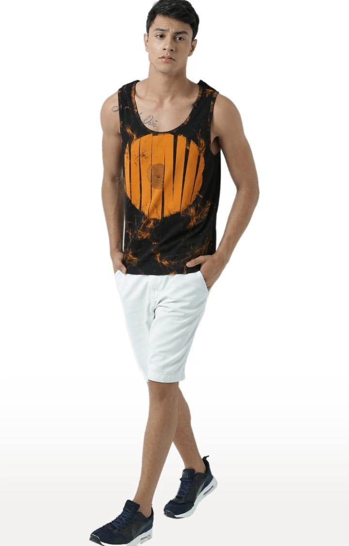HUETRAP | Men's Black & Orange Cotton Printed Vest 1