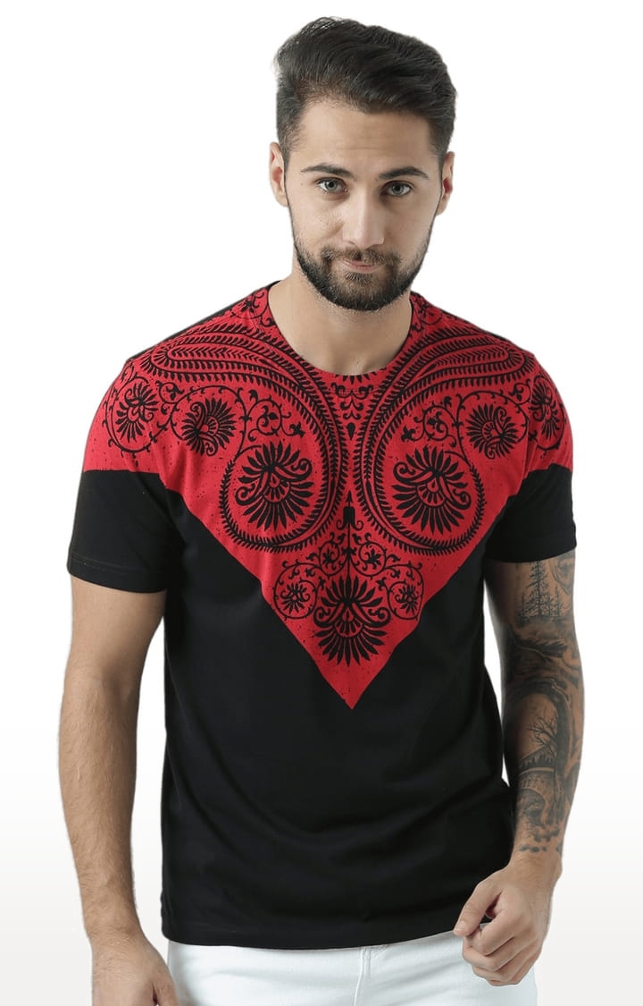 HUETRAP | Men's Black and Red Cotton Printed Regular T-Shirt 0
