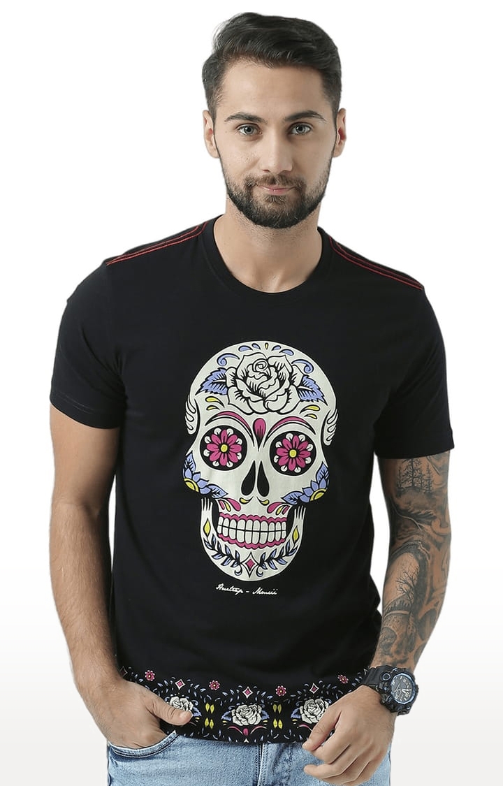 HUETRAP | Men's Black Cotton Graphic Printed Regular T-Shirt 0