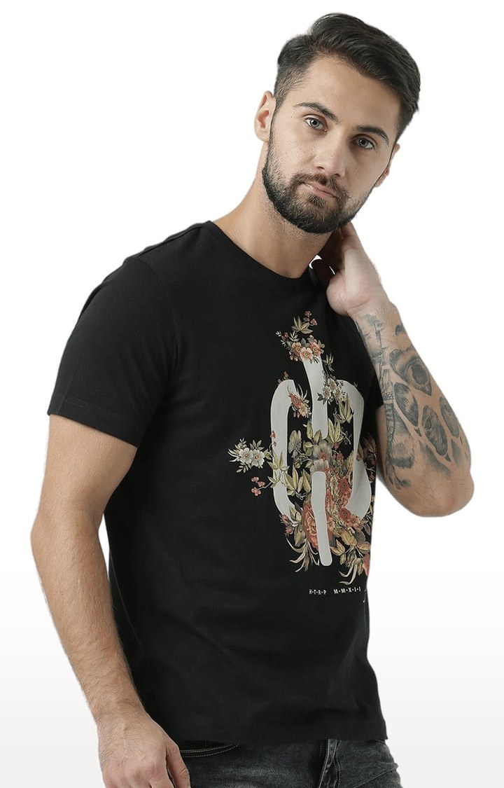 Men's Black Printed Regular T-Shirt