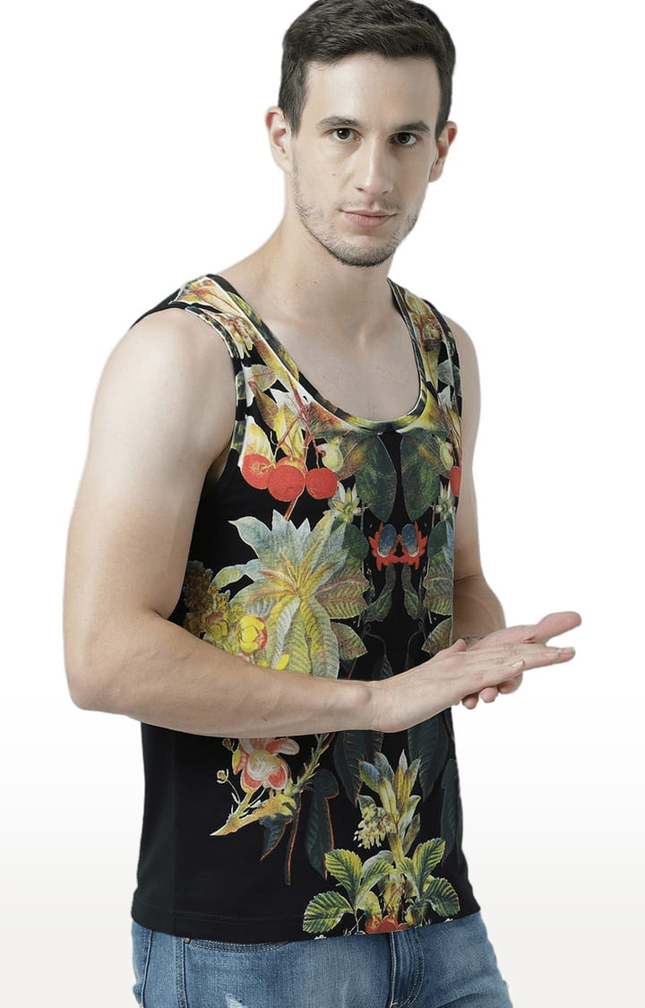 Men's Black & Yellow Cotton Printed Vest