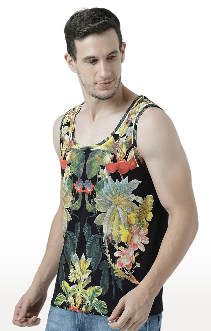 Men's Black & Yellow Cotton Printed Vest