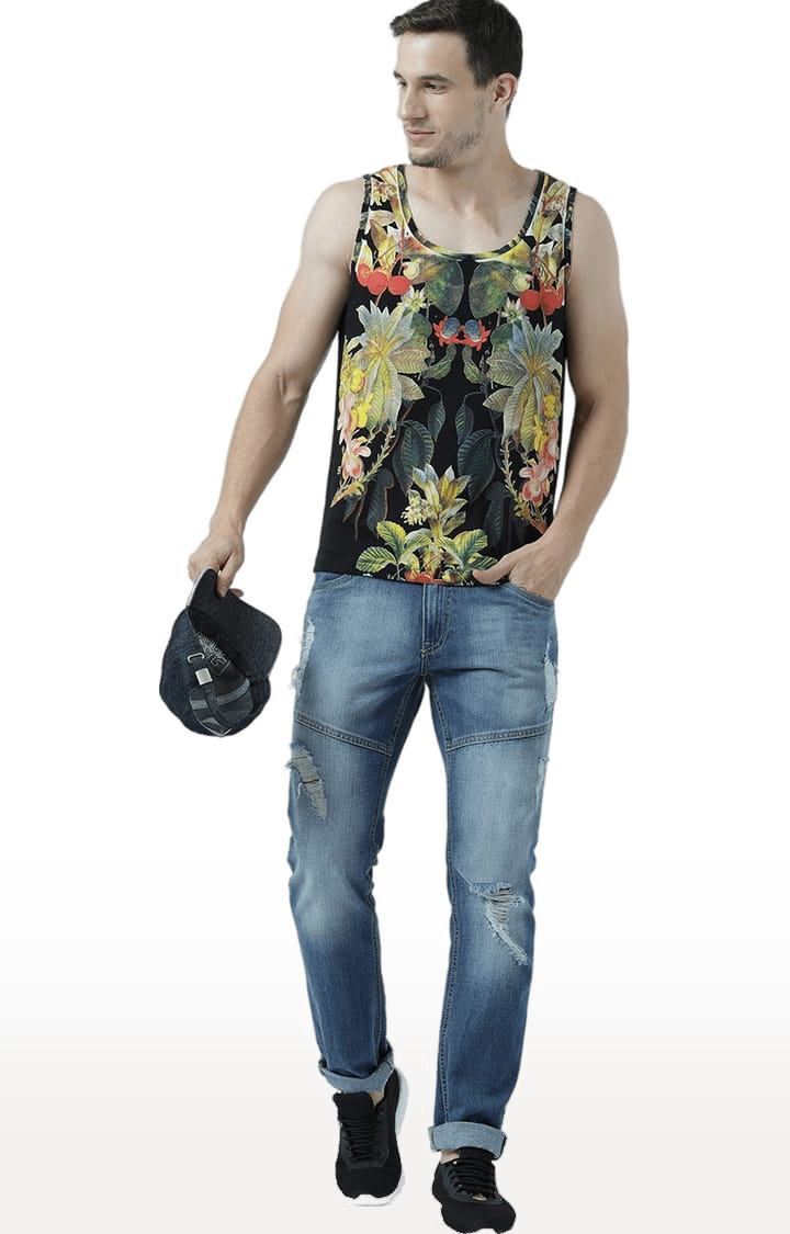 Men's Black & Yellow Cotton Printed Vest
