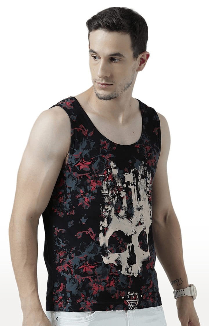 Men's Black Cotton Printed Vest