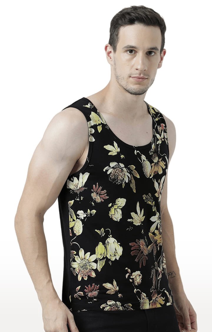 Men's Black Cotton Floral Printed Vest
