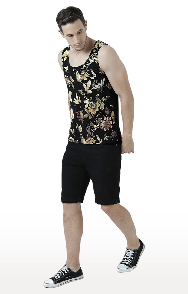Men's Black Cotton Floral Printed Vest