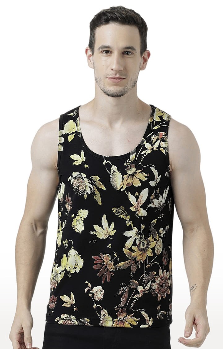 Men's Black Cotton Floral Printed Vest