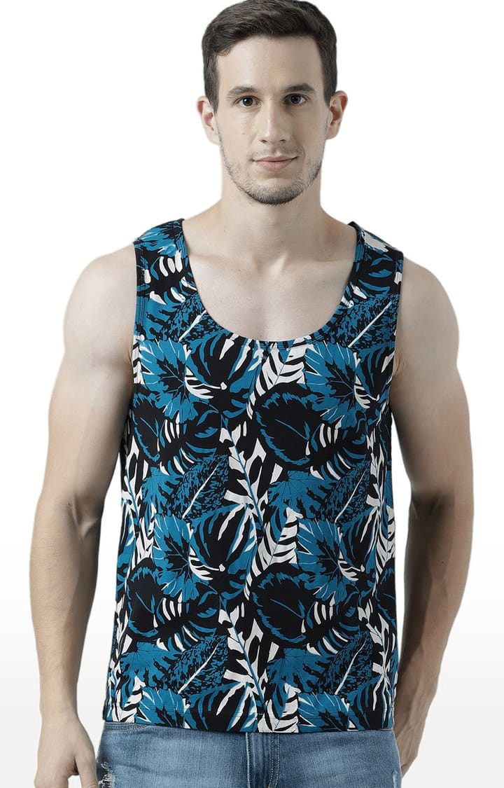Men's Black & Blue Cotton Printed Vest