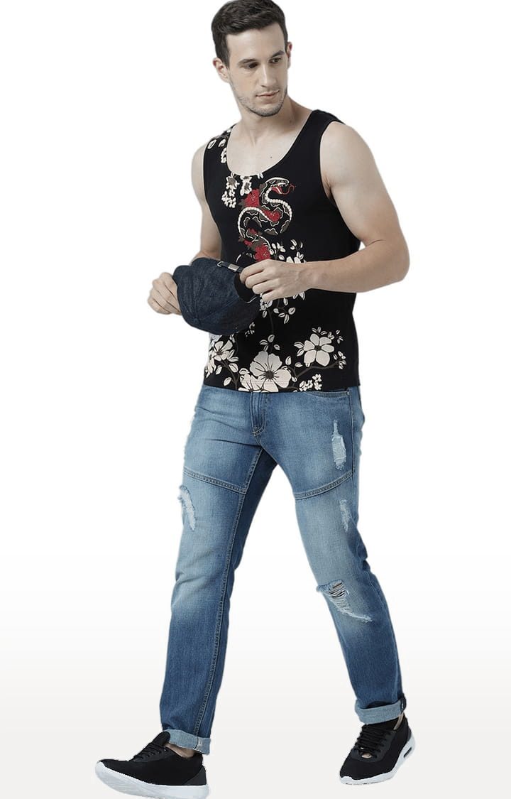 Men's Black Cotton Printed Vest