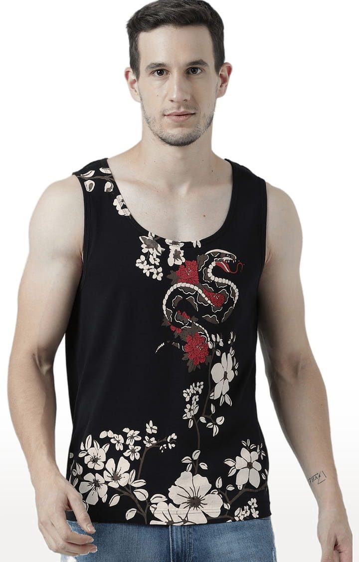 Men's Black Cotton Printed Vest