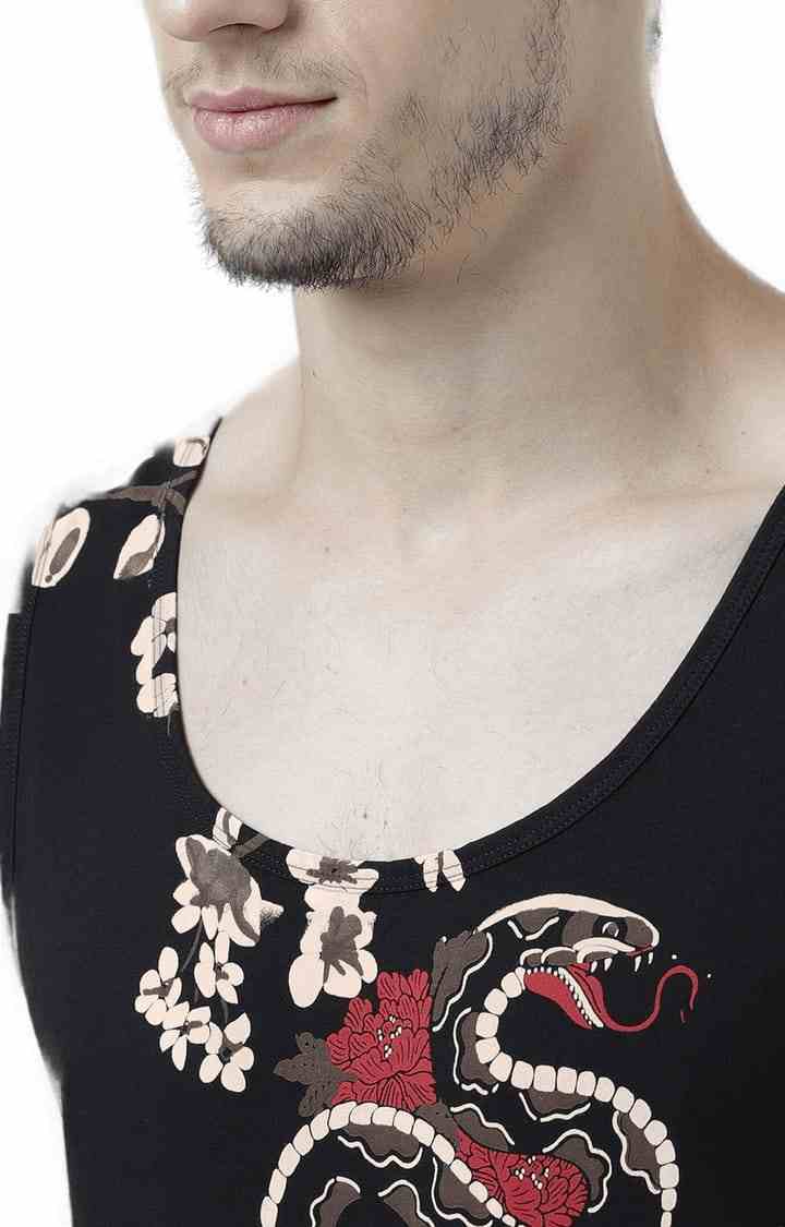 Men's Black Cotton Printed Vest