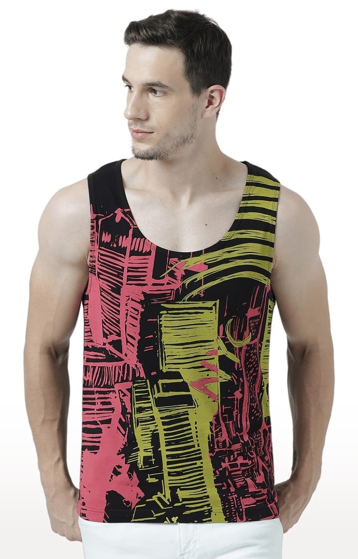 Men's Black Cotton Printed Vest