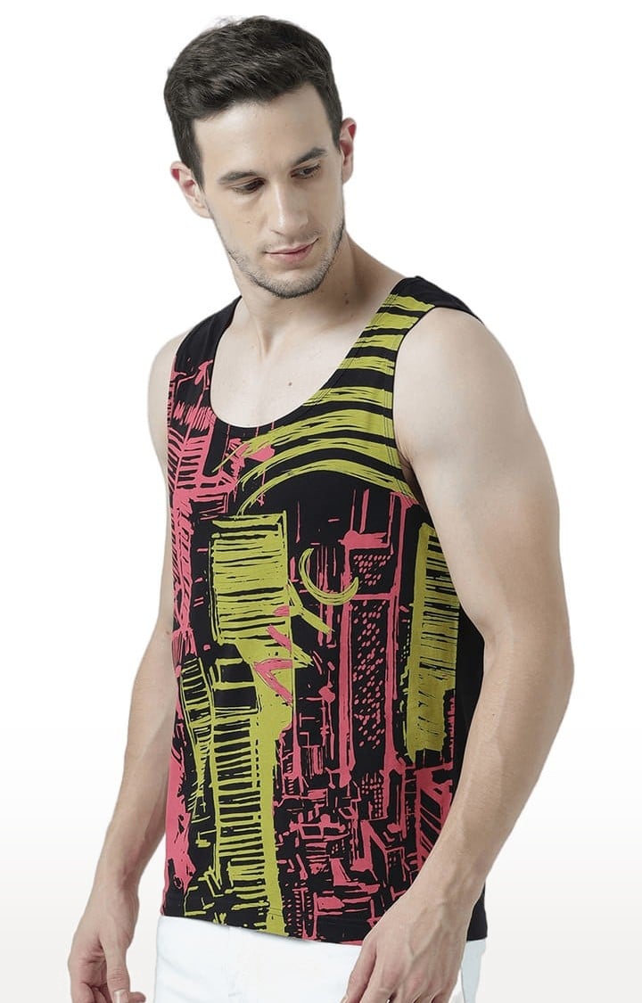 Men's Black Cotton Printed Vest