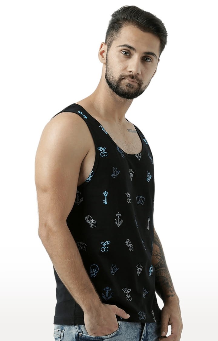 Men's Black Cotton Printed Vest