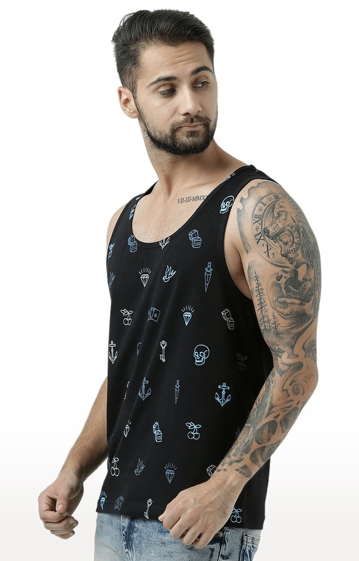 Men's Black Cotton Printed Vest