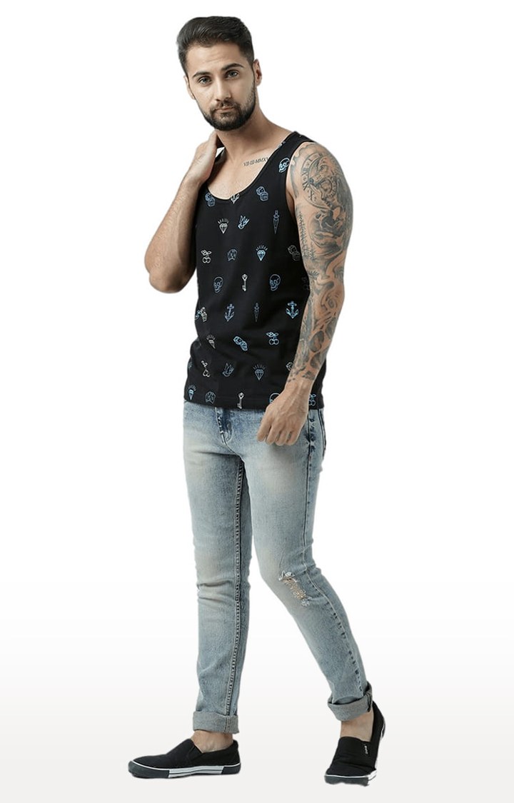 Men's Black Cotton Printed Vest