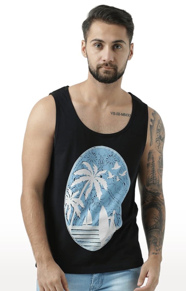 Men's Black Cotton Printed Vest