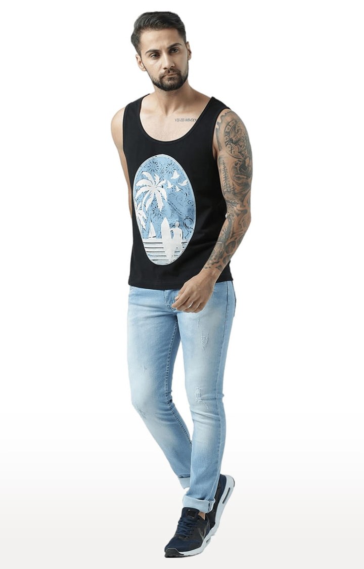 Men's Black Cotton Printed Vest