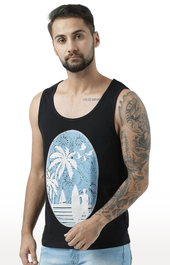 Men's Black Cotton Printed Vest