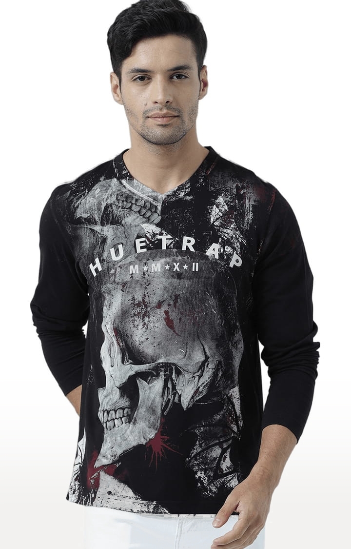 HUETRAP | Men's Black Cotton Printed Regular T-Shirt 0