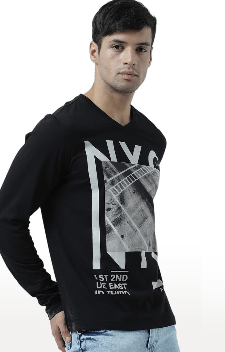 Men's Black Printed Regular T-Shirt