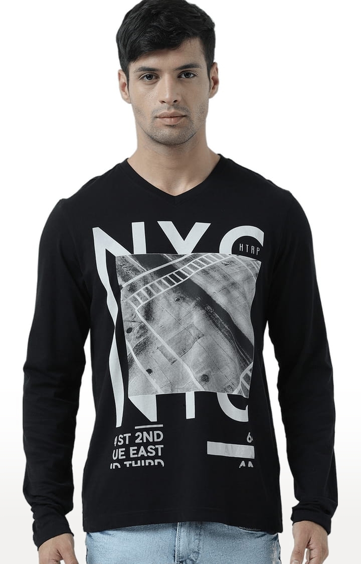 Men's Black Printed Regular T-Shirt