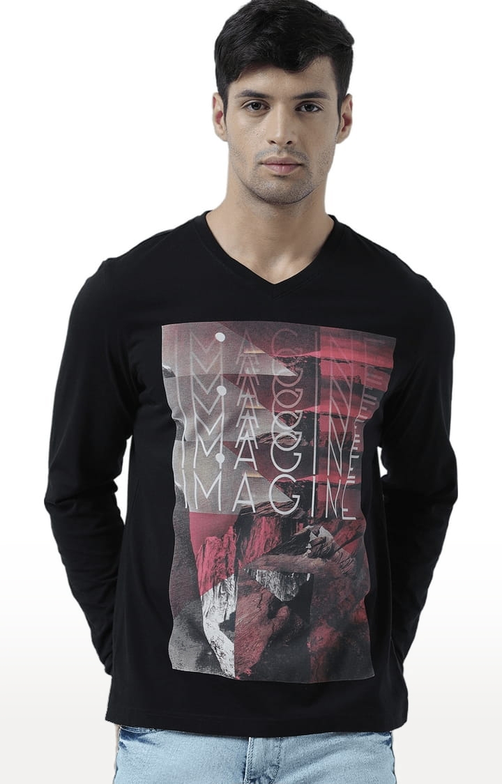 Men's Black Printed Regular T-Shirt