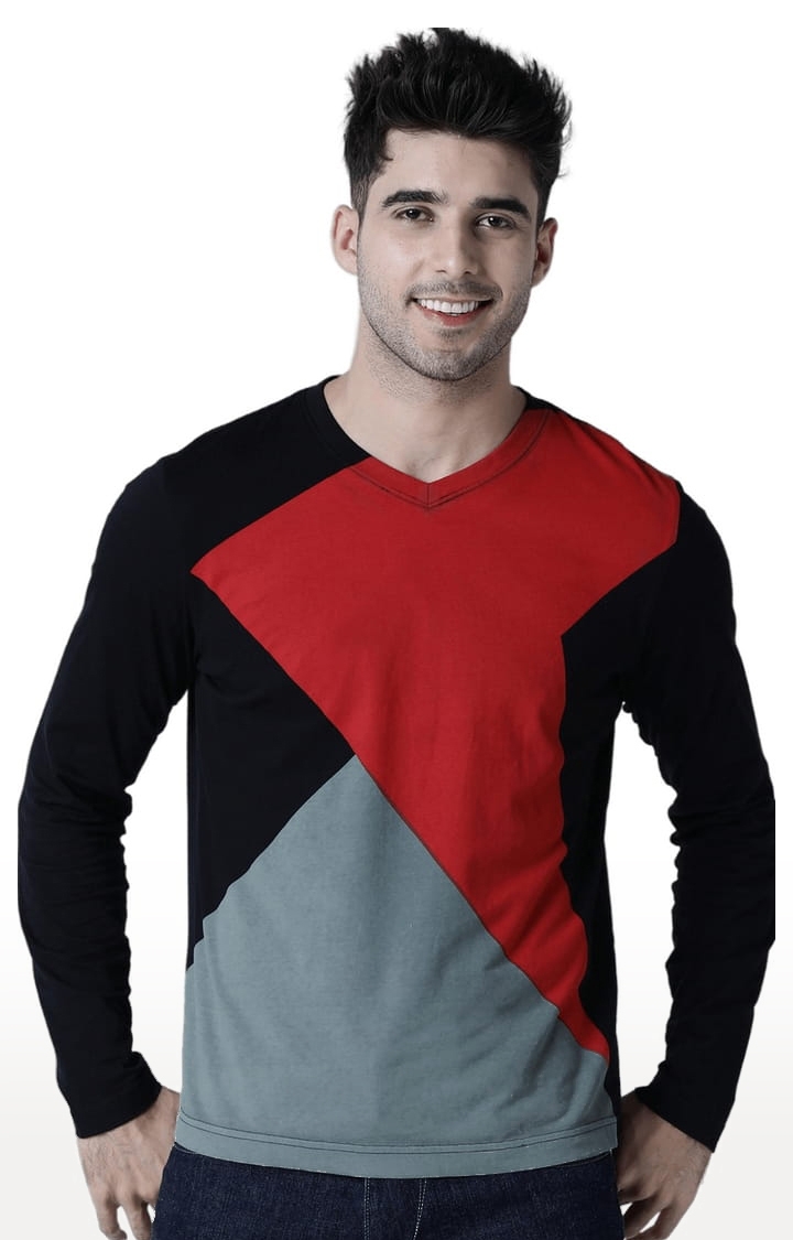 HUETRAP | Men's Black Cotton Colourblock Regular T-Shirt 0