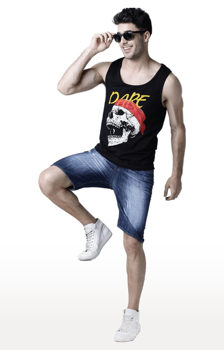 Men's Black Cotton Graphic Printed Vest