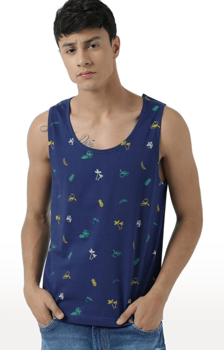 Men's Blue Cotton Printed Vest
