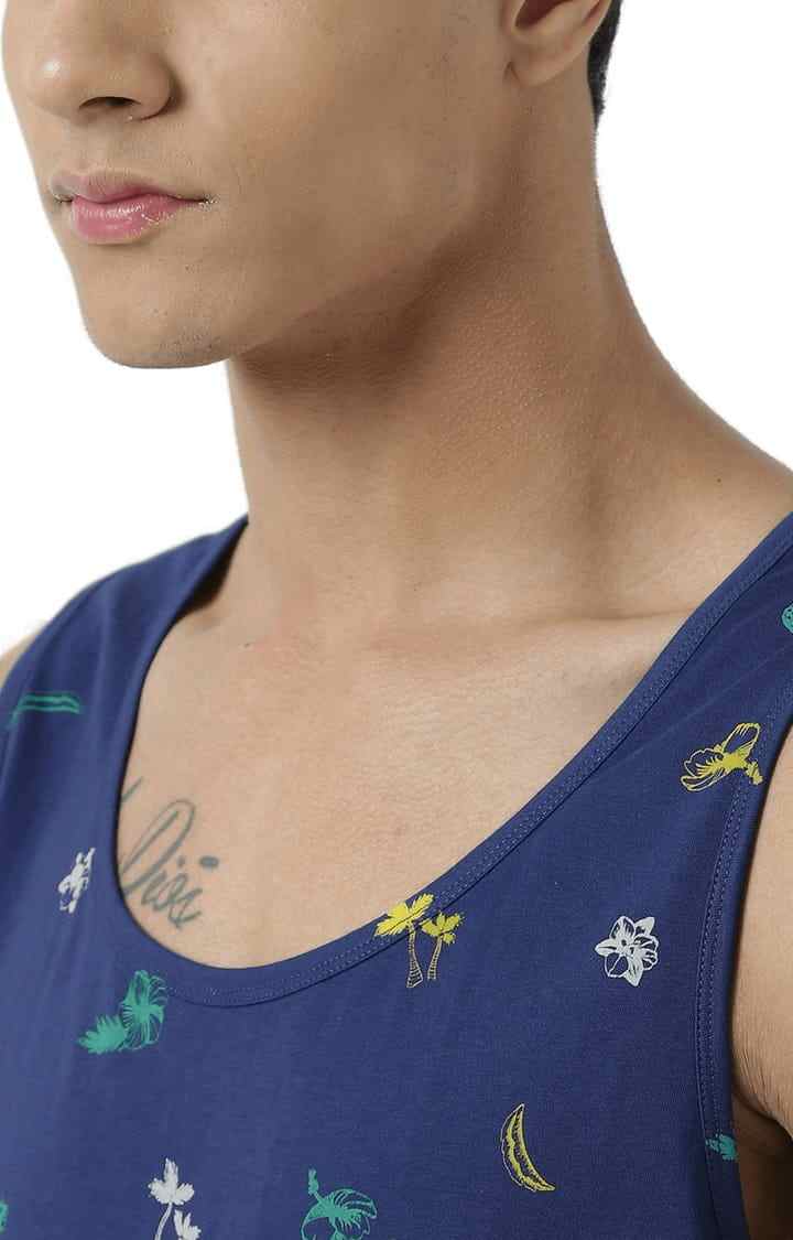 Men's Blue Cotton Printed Vest