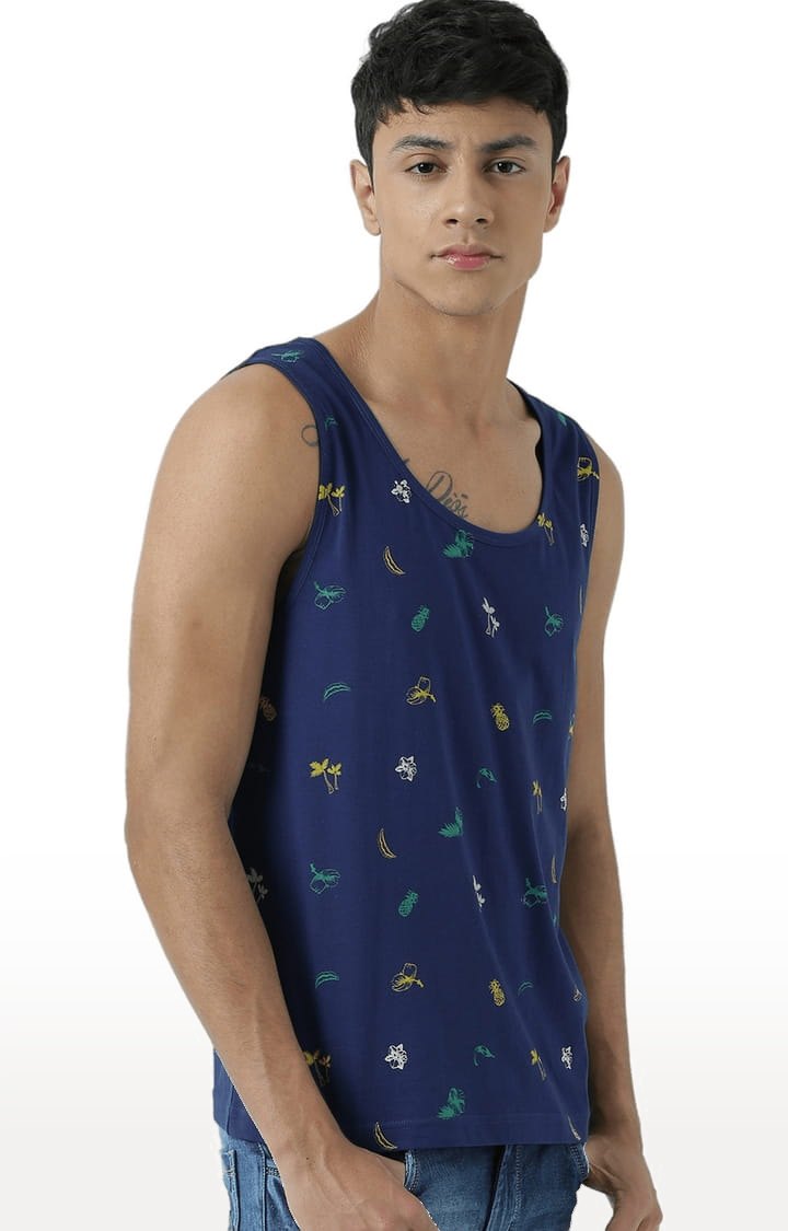 Men's Blue Cotton Printed Vest