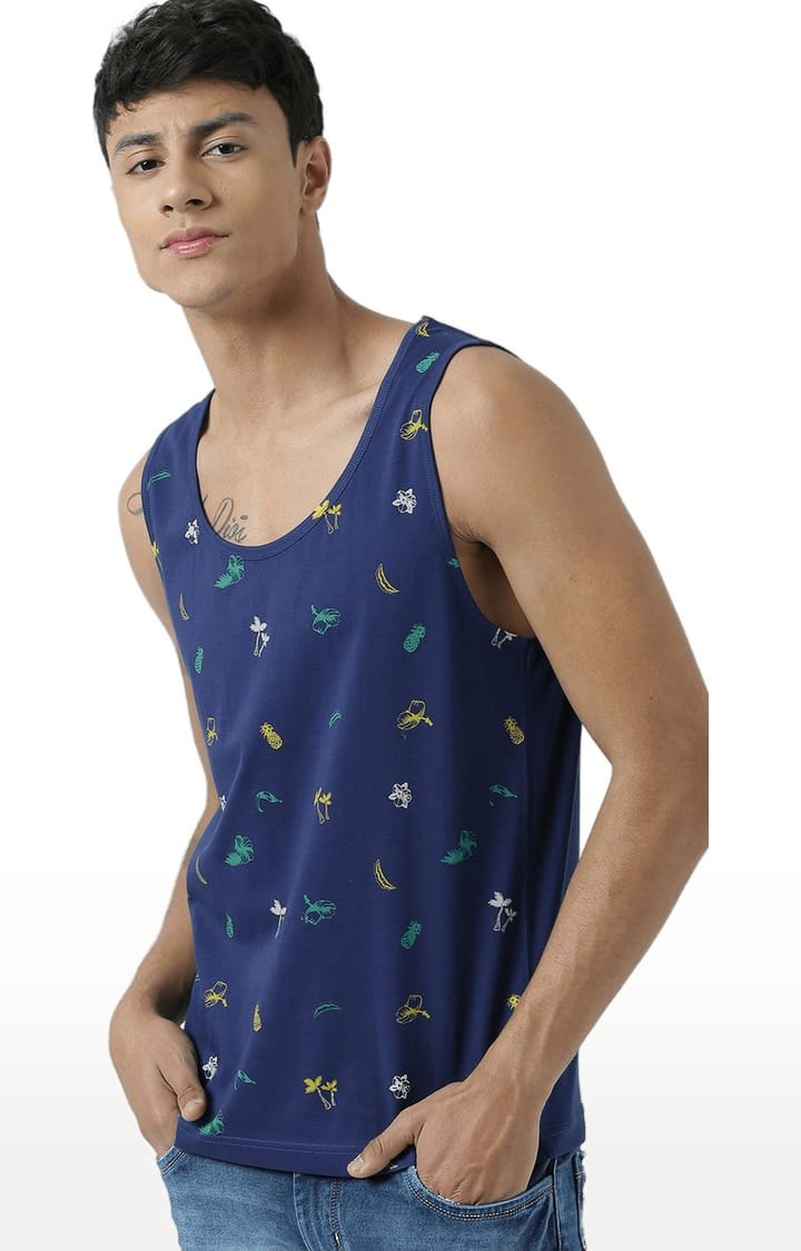 Men's Blue Cotton Printed Vest