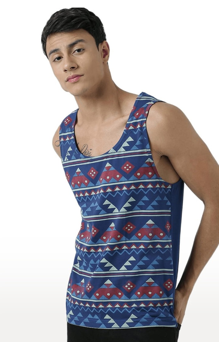 Men's Blue Cotton Printed Vest