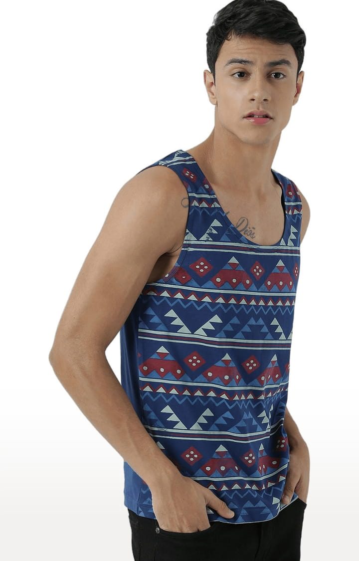 Men's Blue Cotton Printed Vest